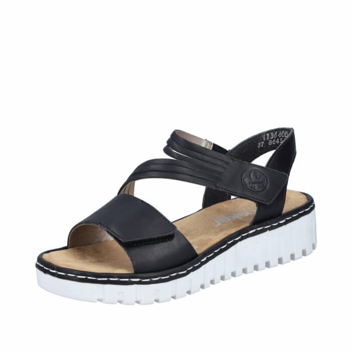 Rieker sandal til dame i sort med to velcroremme og stødabsorberende kilehæl på 4 cm