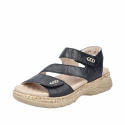 Rieker sandal til dame i sort skind, med udtagelig sål og kilehæl på 5 cm