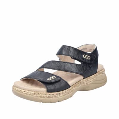 Rieker sandal til dame i sort skind, med udtagelig sål og kilehæl på 5 cm