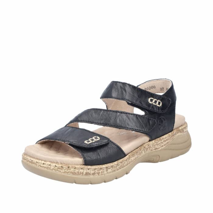 Rieker sandal til dame i sort skind, med udtagelig sål og kilehæl på 5 cm