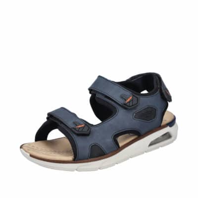 Rieker sandal til herre i blå med ekstra bredde H og tre velcroremme