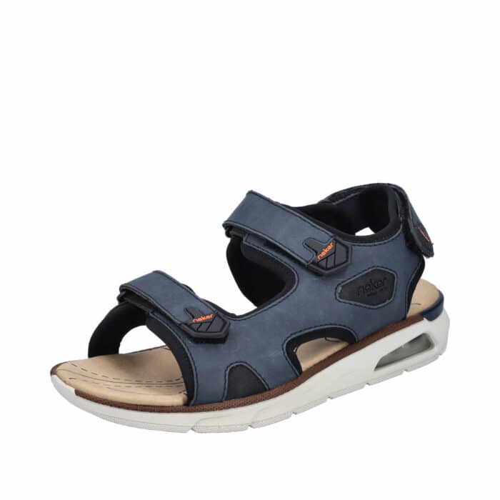 Rieker sandal til herre i blå med ekstra bredde H og tre velcroremme