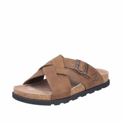 Rieker sandal til herre i brun flettet skind, med krydsrem og ekstravidde samt stødabsorberende sål