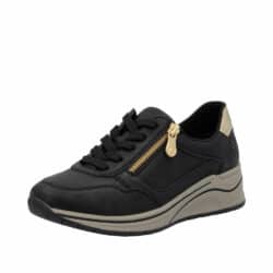 Rieker sneakers til dame i sort skind, med lynlås og udtagelig sål samt ekstra bredde H