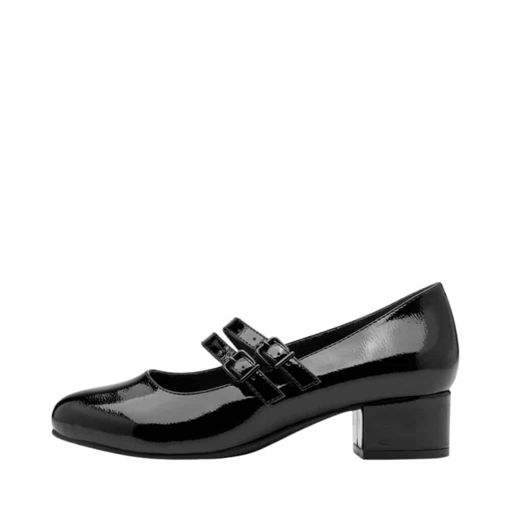 Jana pumps til dame i sort lak, med to justerbare spænder og blokhæl på 4 cm