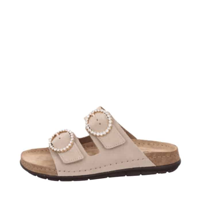 Rohde sandal til dame i beige, lavet af ruskind med to justerbare spænder med detaljer og memory fodseng