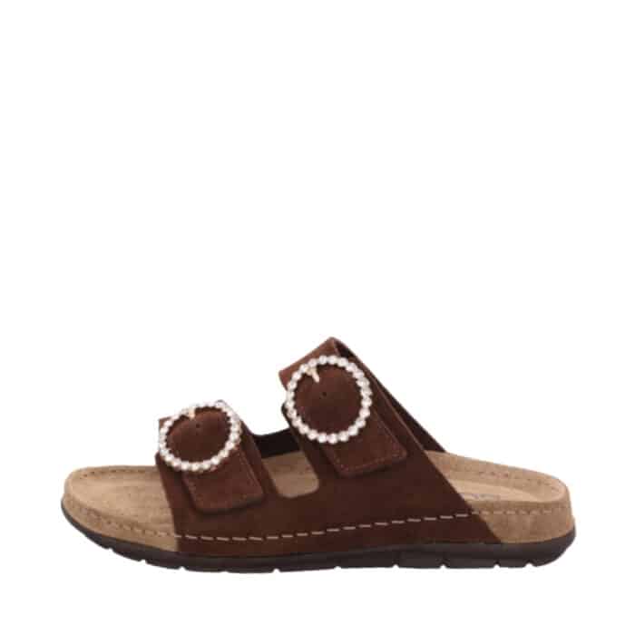 Rohde sandal til dame i mørkebrun, lavet af ruskind med fine spænder samt memory-fodseng