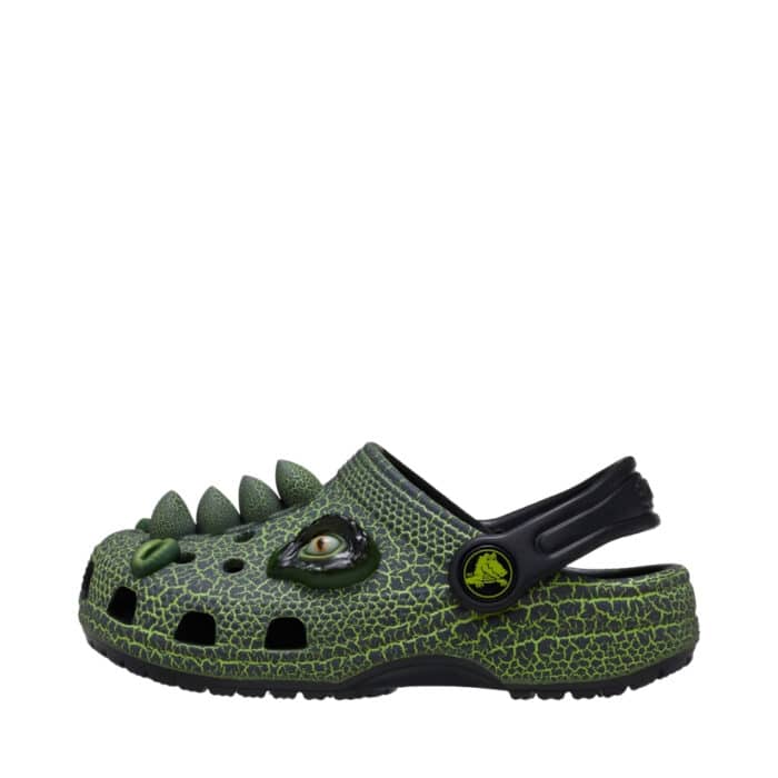 Crocs sandal til små børn i grøn med fede dinosaur detaljer og rem bagpå