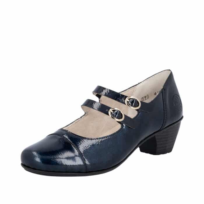 Rieker pumps i blå med skindsål og skindoverdel samt justerbare spænder.