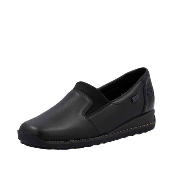 Rieker sko til dame i sort skind med Rieker-Tex og indersål af skind samt stødabsorberende ydersål