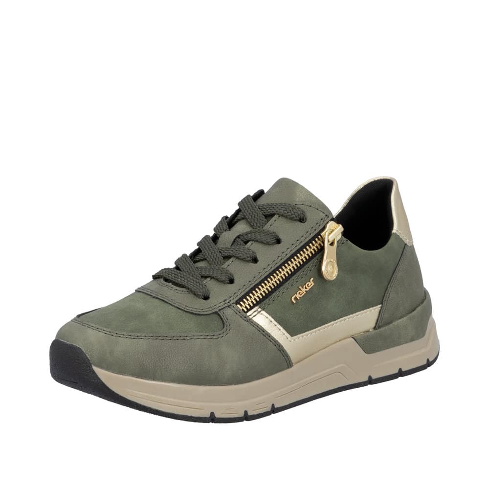 Rieker sneakers til dame i grøn med lynlås og snørebånd samt udtagelig sål