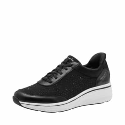 Tamaris sneakers til dame i sort med glimmer og nitter samt en fast hælkappe og svangstøtte
