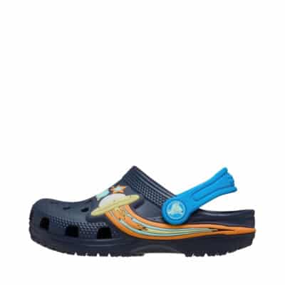 Crocs sandal til børn i mørkeblå med UFO detalje der er designet med LED-lys der blinker ved hvert skridt!