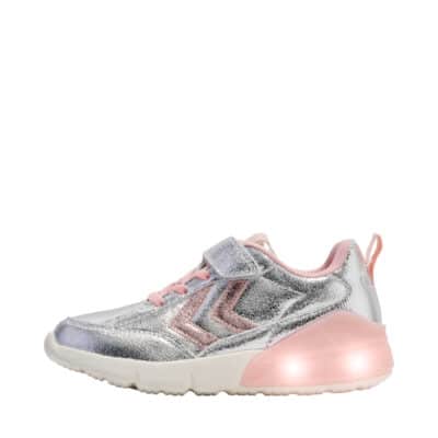 Hummel Daylight JR sneakers til børn i sølv med lyserøde Hummel vinkler og udtagelig sål samt blinkende lys i hælen