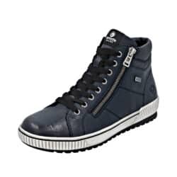 Remonte støvle til dame i mørkeblå skind med to funktionelle lynlåse og udtagelig sål med ekstra bredde G og Remonte-Tex