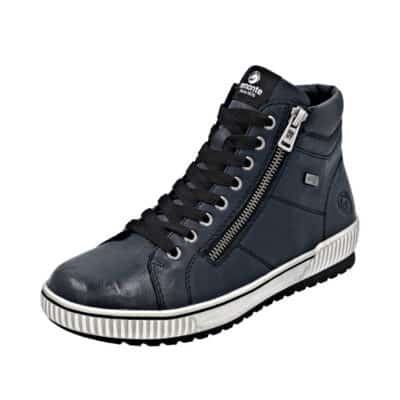 Remonte støvle til dame i mørkeblå skind med to funktionelle lynlåse og udtagelig sål med ekstra bredde G og Remonte-Tex