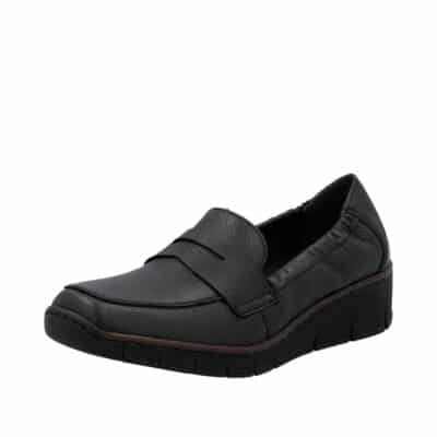 Rieker loafers til dame i sort med skindoverdel og skindsål samt kilehæl på 3,5 cm