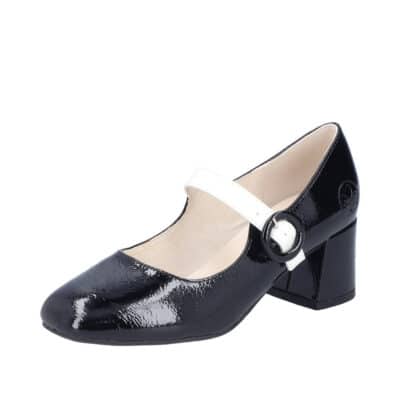 Rieker pumps til dame i sort lak med hvid rem og spænde samt indersål af skind med en blokhæl på 6 cm