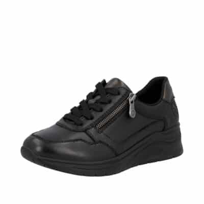 Rieker sneakers til dame i sort skind med lynlås og udtagelig sål samt ekstra bredde H