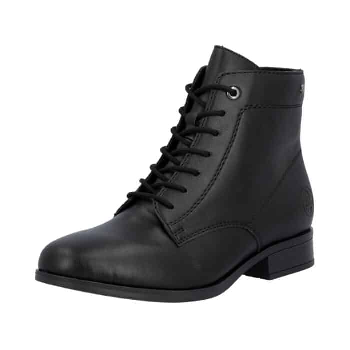 Rieker støvle til dame i sort med snørebånd og lynlås samt udtagelig sål og let foring