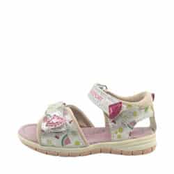 Sprox sandal til børn i sølv med vandmelons detaljer og velcrorem for justerbar pasform samt svangstøtte i indersålen