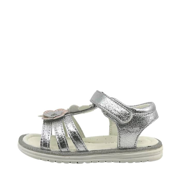 Sprox sandal til børn i sølv med blomster detaljer samt velcrorem og svangstøtte