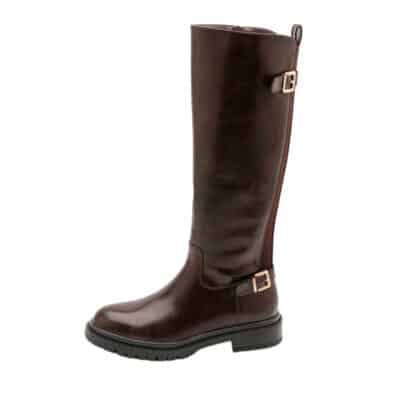 Amour lang støvle til dame i mørkebrun med spænde detaljer og lynlås samt elastik og chunky ydersål