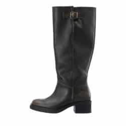 Cashott Casrikke Wide Pull lang støvle til dame i mørkebrunt skind med lynlås og spænde samt blokhæl på 5 cm.