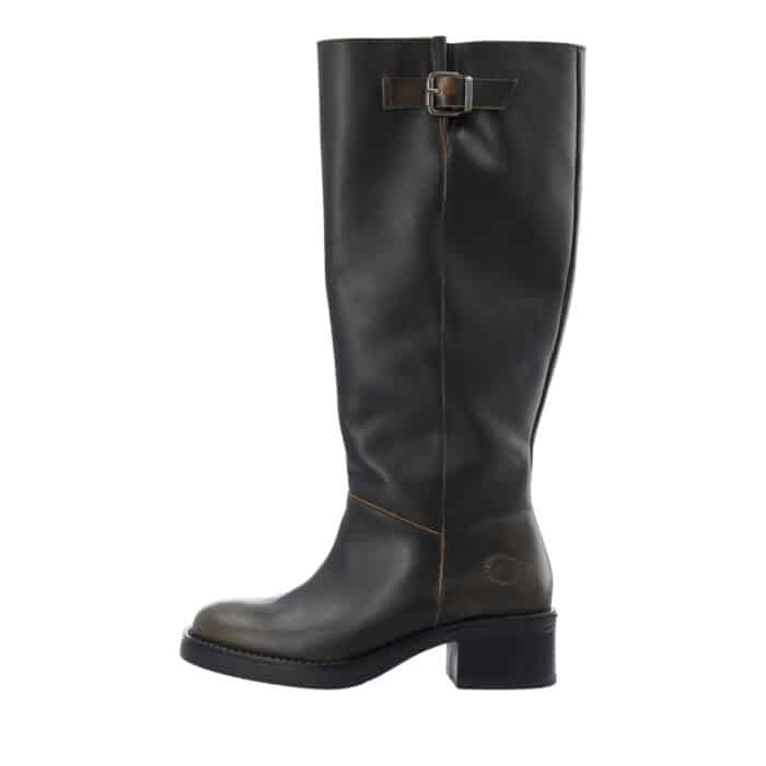 Cashott Casrikke Wide Pull lang støvle til dame i mørkebrunt skind med lynlås og spænde samt blokhæl på 5 cm.