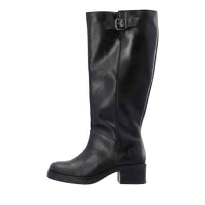 Cashott Casrikke Wide Pull lang støvle til dame i sort skind med lynlås og spænde samt blokhæl på 5 cm.
