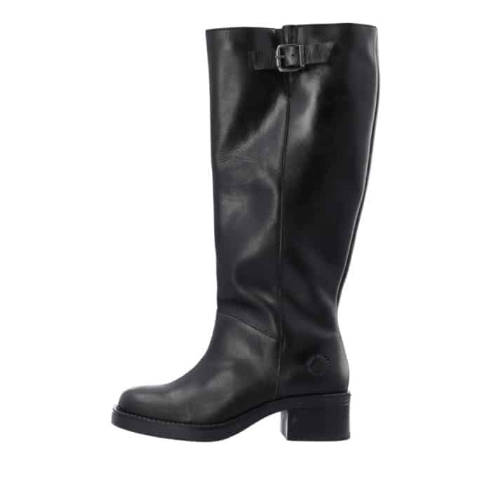 Cashott Casrikke Wide Pull lang støvle til dame i sort skind med lynlås og spænde samt blokhæl på 5 cm.
