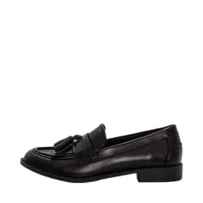 Duffy Pedalino Due loafers til dame i sort med flæse detaljer og en lille hæl på 2,5 cm.