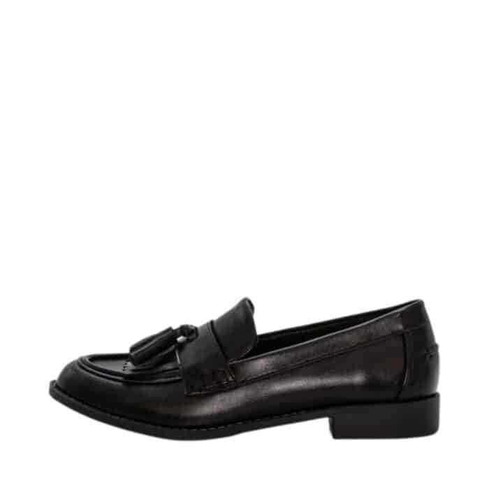 Duffy Pedalino Due loafers til dame i sort med flæse detaljer og en lille hæl på 2,5 cm.