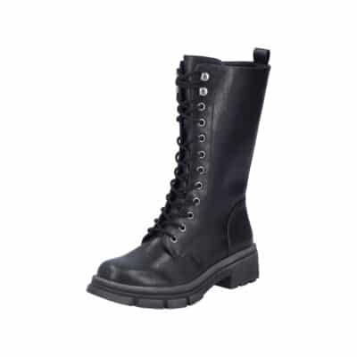 Rieker støvle til dame i sort med snørebånd og funktionel lynlås samt chunky ydersål