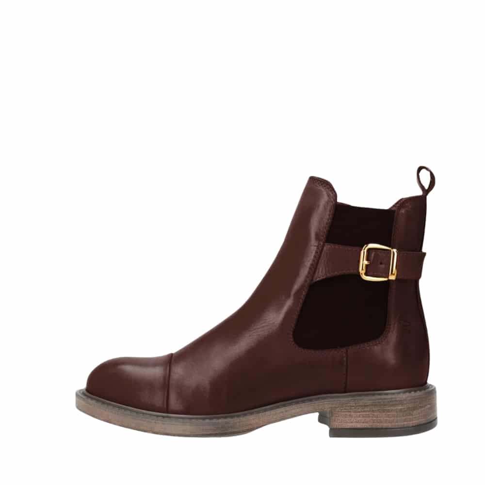 Shoedesign Copenhagen Beatrice støvle til dame i mørkebrunt skind med lynlås og elastik samt gylden detalje på siden
