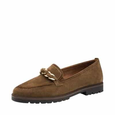Tamaris loafers til dame i brunt ruskind med gylden detalje og blød indersål med Touch-It for øget komfort.