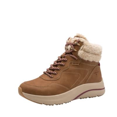 Tamaris vinterstøvle til dame i brun med snørebånd og lynlås samt varm foring og DUO-Tex for kraftig vandafvisning
