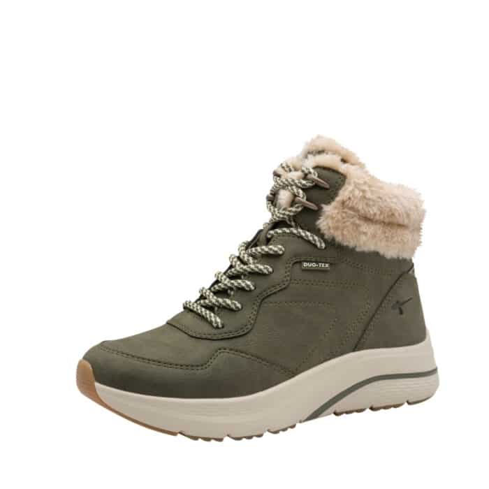 Tamaris støvle til dame i grøn med snørebånd og lynlås samt thermo-indersål og DUO-Tex