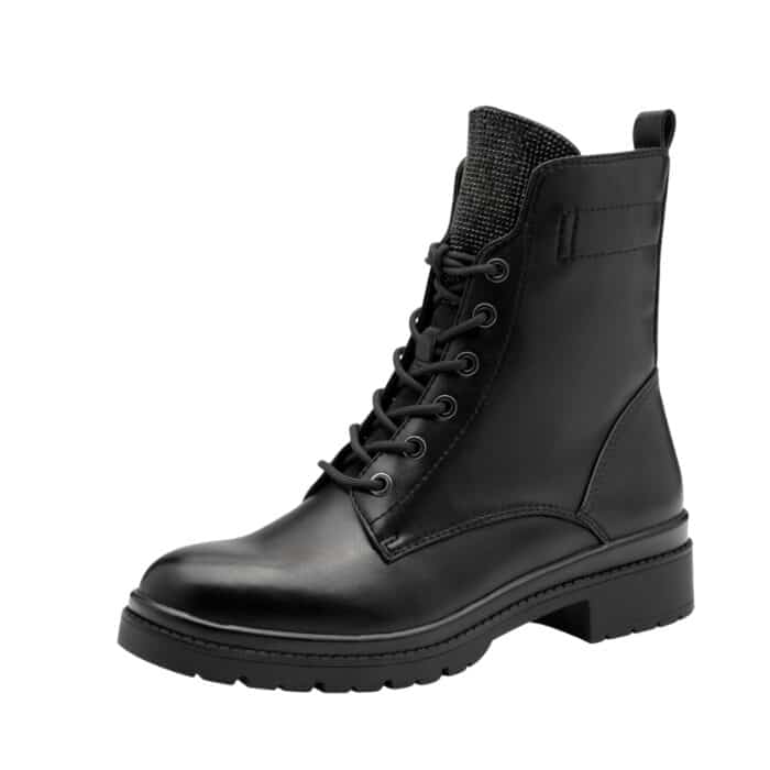 Tamaris støvle til dame i sort med nitter og udtagelig Touch-it sål samt snørebånd og lynlås