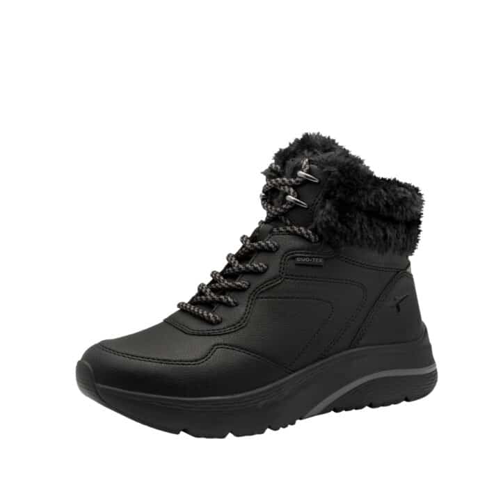 Tamaris støvle til dame i sort med Duo-Tex og varm foring samt snørebånd og lynlås