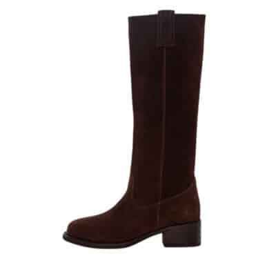 Duffy Mareneve Quattro lang støvle til dame i mørkebrun ruskind med lynlås og blokhæl på 5 cm.