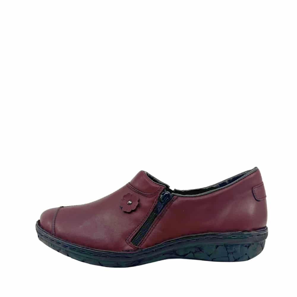 Relaxshoe sko til dame i bordeaux med blød skindoverdel og to lynlåse samt udtagelig indersål i skind