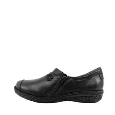 Relaxshoe sko til dame i sort med overdel i blødt skind og to lynlåse samt udtagelig sål i skind