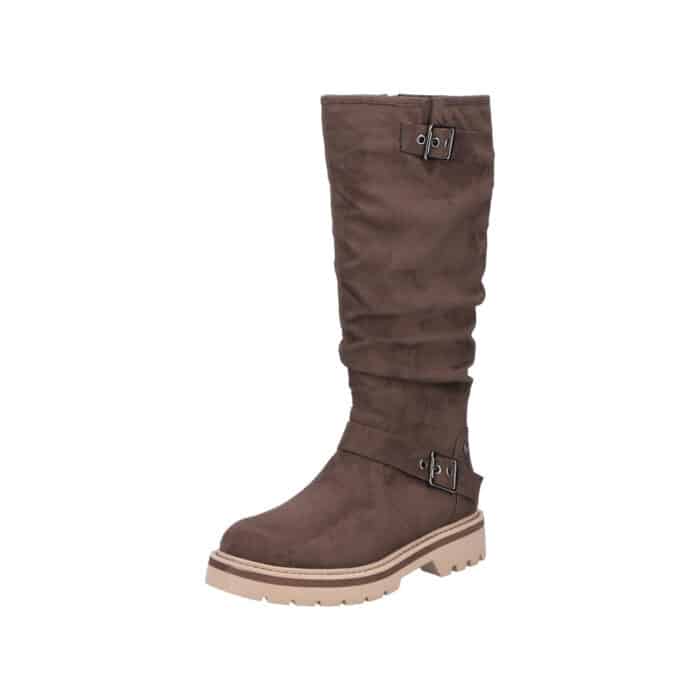 Rieker lang støvle til dame i brun med spænde detaljer og lynlås samt let foring og chunky ydersål