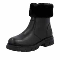 Rieker vinterstøvle til dame i sort med pelskant og varm foring samt chunky ydersål med stødabsorbering
