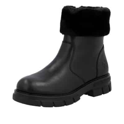 Rieker vinterstøvle til dame i sort med pelskant og varm foring samt chunky ydersål med stødabsorbering