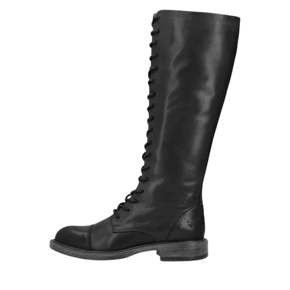 Shoedesign Copenhagen Jacqueline lang snørestøvle til dame i sort skind med lynlås og lille hæl på 3 cm.