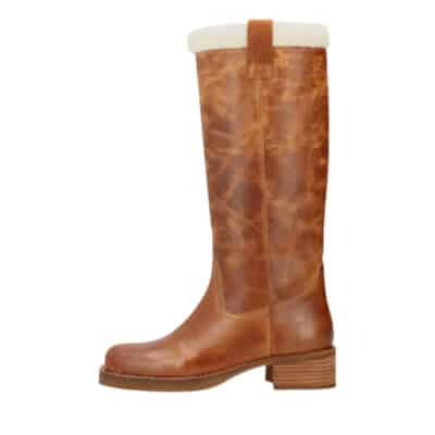 Phenumb Copenhagen Cameron Warm lang støvle til dame i cognac i 100% læder med varm foring og blokhæl samt firkantet snude