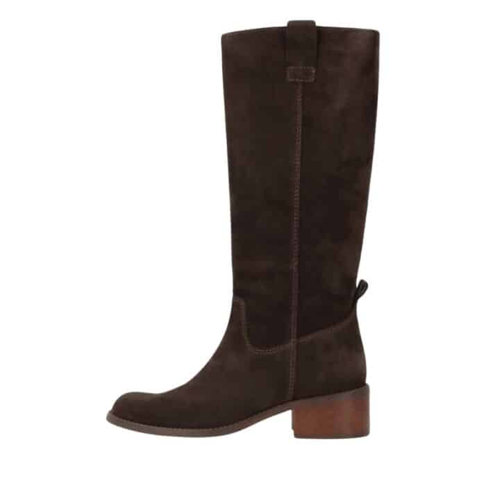 Phenumb Copenhagen Martina S lang støvle til dame i mørkebrunt ruskind med blokhæl på 5 cm.