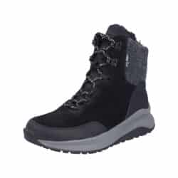 Rieker vinterstøvle til dame i sort med varm foring og Rieker-Tex samt udtagelig sål og ydersål med metalpigge
